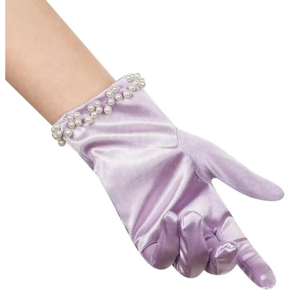 Women's Lavender Satin Pearl Short Length Gloves Wedding Banquet Party Prom